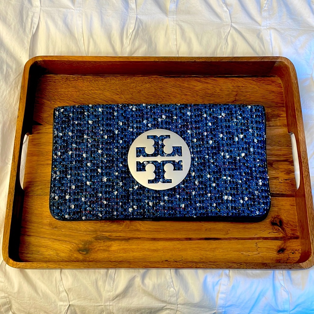 Tory Burch clutch. Tweed & leather interior. Approx. 7"H x 12"W x 1.5"D